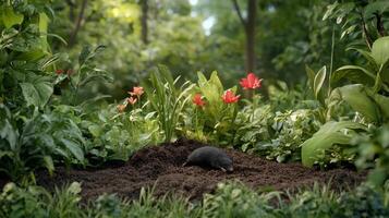 A mole is digging in the dirt in a garden photo