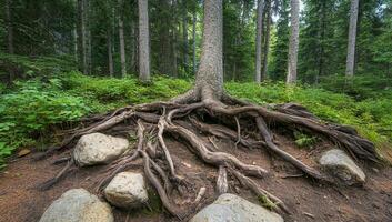 A tree with roots growing out of the ground photo