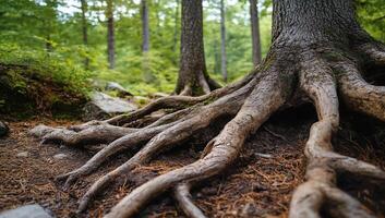 A close up of a tree with its roots photo