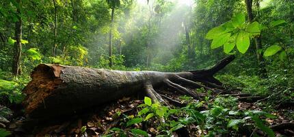 A fallen tree in the middle of a forest photo