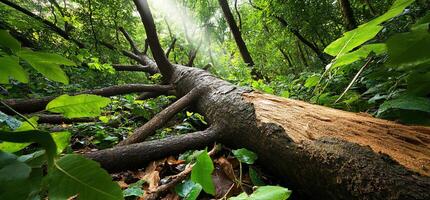 A fallen tree in the middle of a forest photo