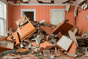A room full of furniture and debris photo