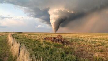 A tornado is seen in the distance in a field photo