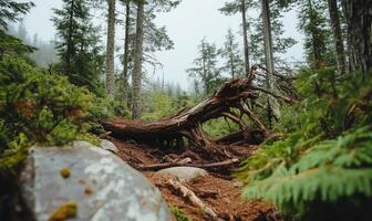 A fallen tree in the forest with rocks and moss photo