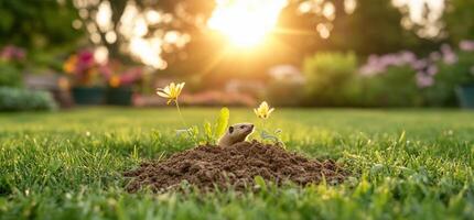 A small animal is digging in the ground in the garden photo