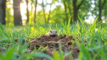 A ground squirrel is digging in the grass photo