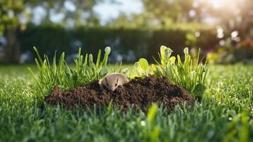 A mouse digging in the dirt on a green grass photo