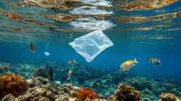 Plastic bag floating in the ocean photo