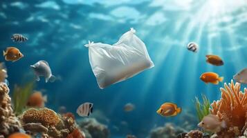 Plastic bag floating in the ocean with fish photo