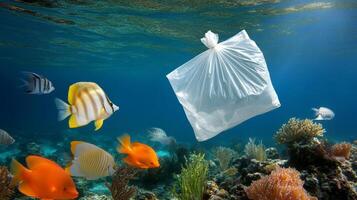 Plastic bag floating in the ocean with fish photo
