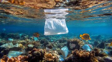 Plastic bag floating in the ocean photo