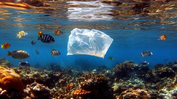 Plastic bag floating in the ocean with fish photo