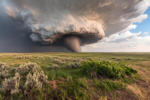 A tornado is seen in the sky over a field photo
