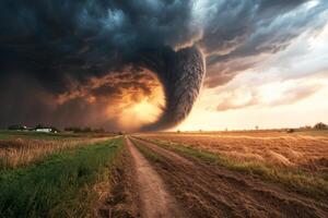 A tornado is seen in the sky over a field photo