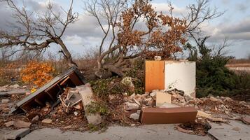 A pile of debris and trash in front of a tree photo