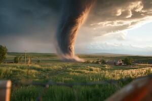 A tornado is seen in the distance as it rolls over a field photo