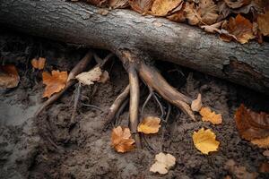 Fallen tree roots and leaves on the ground photo