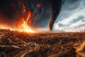 A tornado is seen in the sky over a field photo