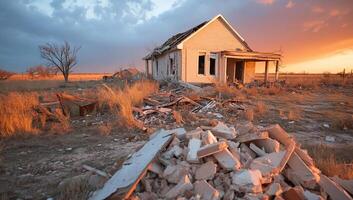 A house is surrounded by rubble in an empty field photo