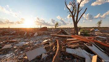 A tree is standing in the middle of a destroyed field photo