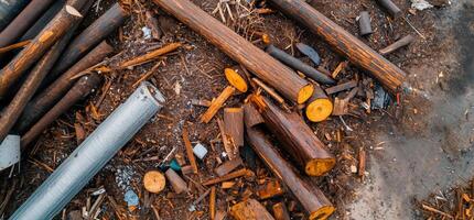 A pile of wood and metal pieces on the ground photo