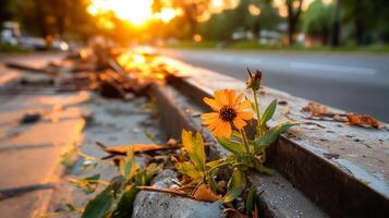 Sunset and flowers on the street photo