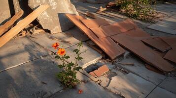 A flower growing in the rubble of a building photo