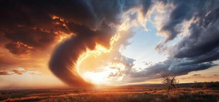 A tornado is seen in the sky over a field photo