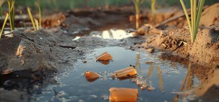 A puddle of water with trash floating in it photo