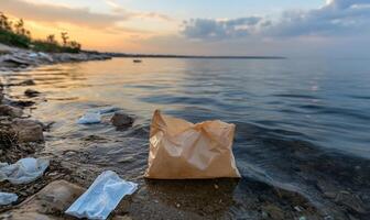 A plastic bag on the shore of a lake photo