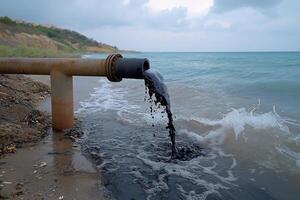 A pipe is leaking oil into the ocean photo