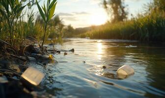 A river with plastic bottles floating in it photo