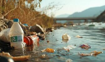 Plastic bottles and other trash are floating in the water photo