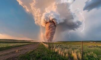 A tornado is seen in the sky as it is being blown by a strong wind photo