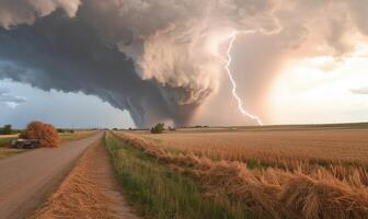 A tornado is seen in the distance as it moves over a field photo