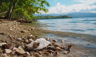 A plastic bag on the shore of a lake photo