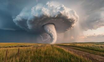 A tornado is seen in the sky over a field photo