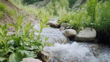 A stream of water flows through a grassy area photo