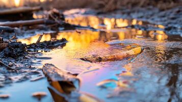 A yellow and orange object is sitting in a puddle of water photo