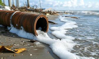 A pipe is sitting on the beach with foam coming out of it photo