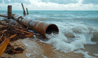 A pipe laying on the beach with waves coming in photo