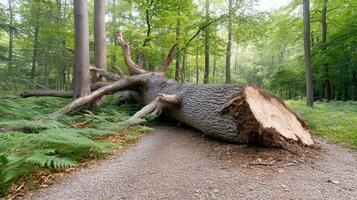 A fallen tree on a path in the woods photo
