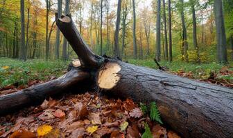 A fallen tree in the forest with leaves on the ground photo