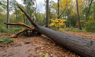 A fallen tree in the woods with leaves on the ground photo