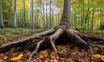 A tree with roots in the middle of a forest photo
