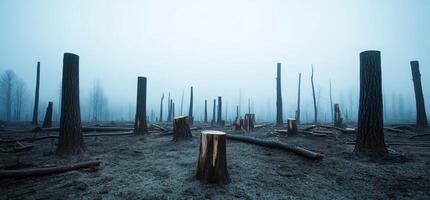 A forest with trees and logs in the middle of a foggy day photo