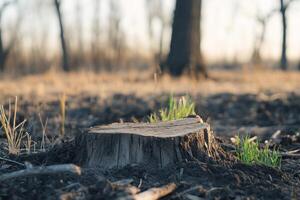 A tree stump in the middle of a field photo
