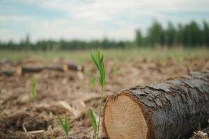 A young tree sprouts from a log in a field photo