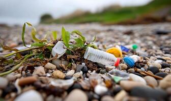 Plastic bottles and other items are scattered on the beach photo