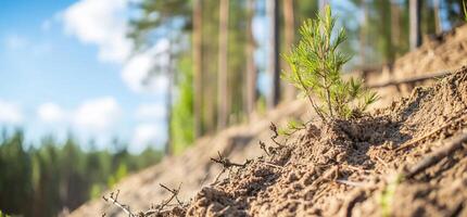 A small tree growing out of the ground in the middle of a forest photo